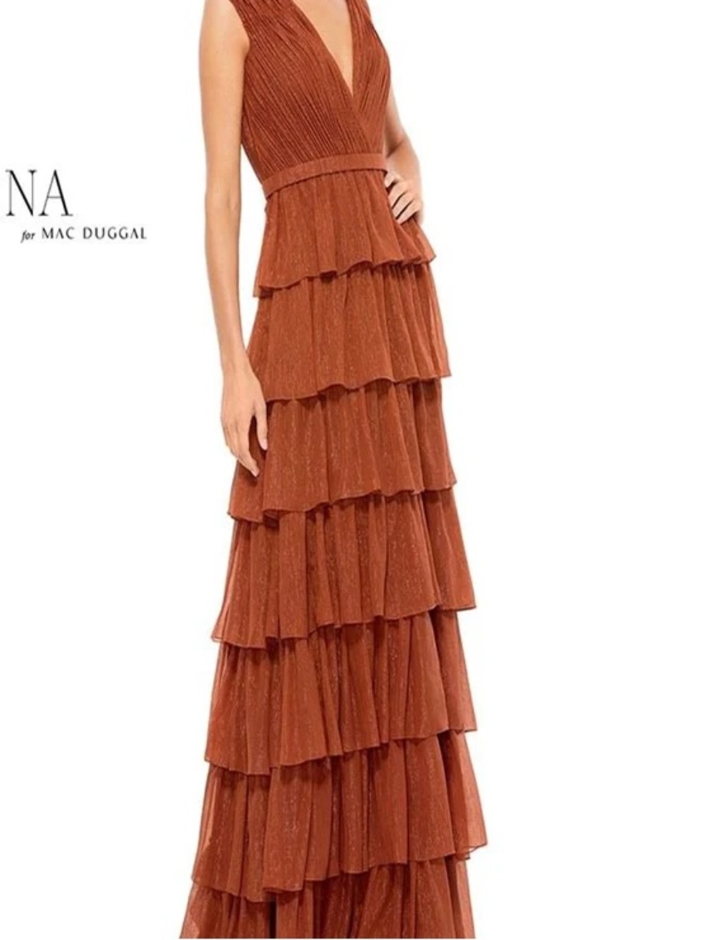 Ieena for Mac Duggal 49287 Nutmeg Tiered V-Neck Maxi Gown